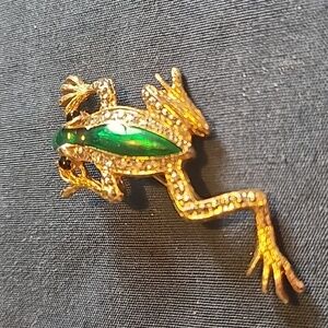 Frog green enamel and rhinestone brooch